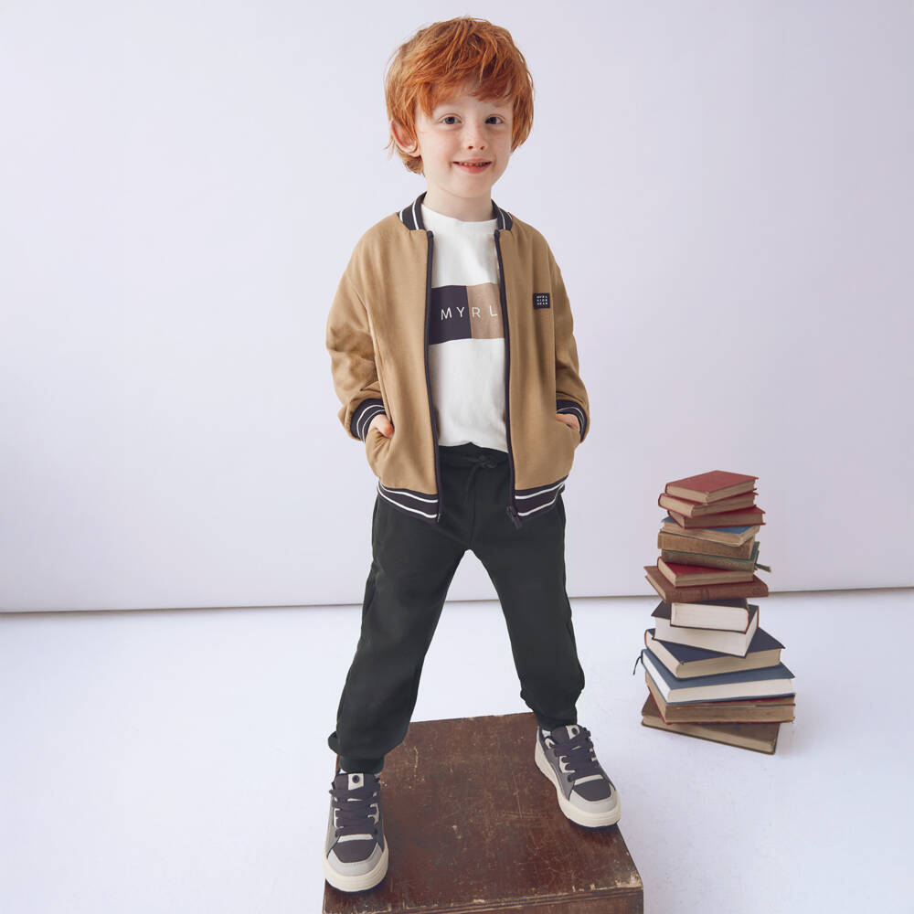 Mayoral-Boys Beige & Grey 3 Piece Cotton Tracksuit | Childrensalon