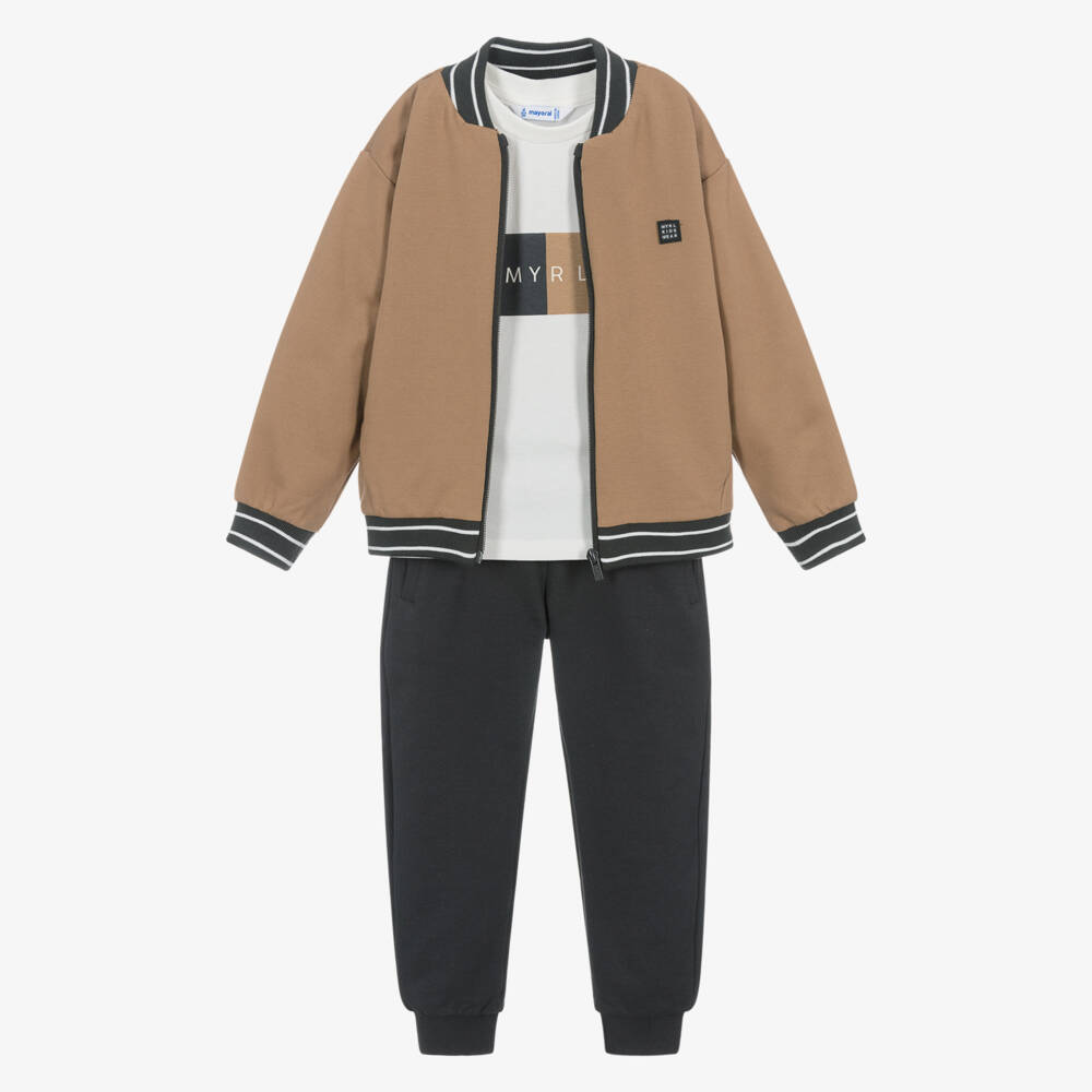 Mayoral-Boys Beige & Grey 3 Piece Cotton Tracksuit | Childrensalon