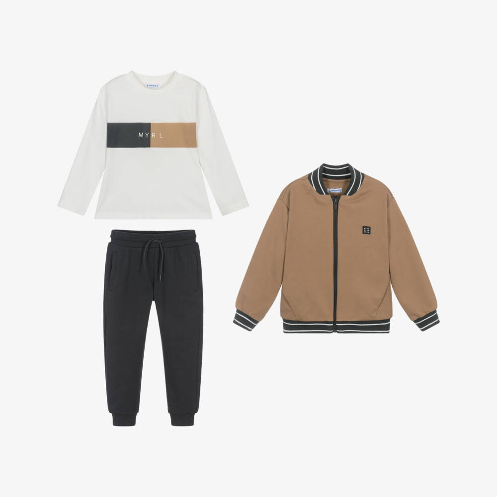 Mayoral-Boys Beige & Grey 3 Piece Cotton Tracksuit | Childrensalon