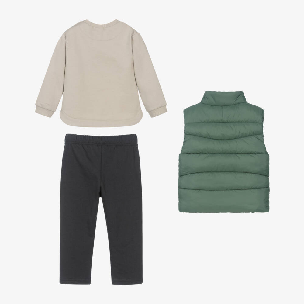 Mayoral-Boys Beige & Grey Cotton Trouser Set with Green Gilet | Childrensalon