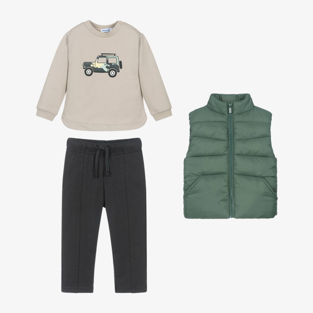 Mayoral-Boys Beige & Grey Cotton Trouser Set with Green Gilet | Childrensalon