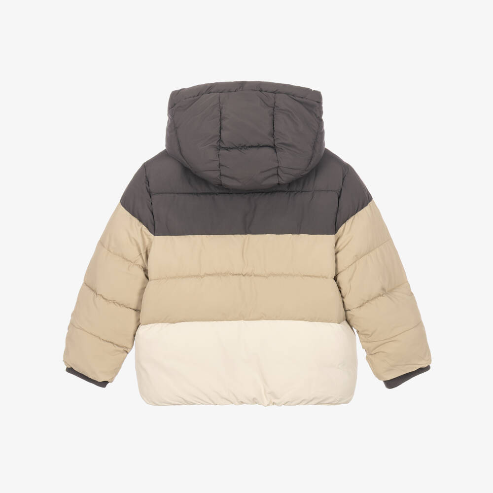 Mayoral-Boys Beige & Grey Hooded Puffer Jacket | Childrensalon