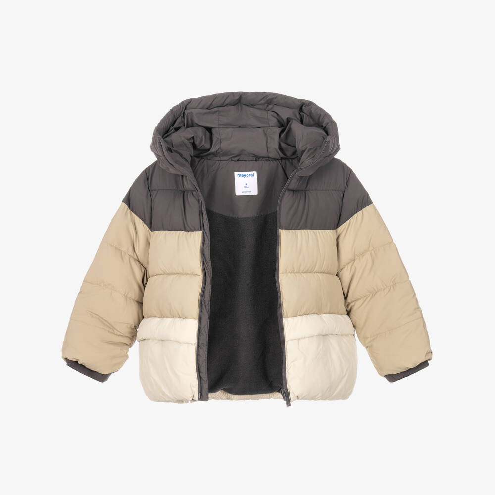 Mayoral-Boys Beige & Grey Hooded Puffer Jacket | Childrensalon