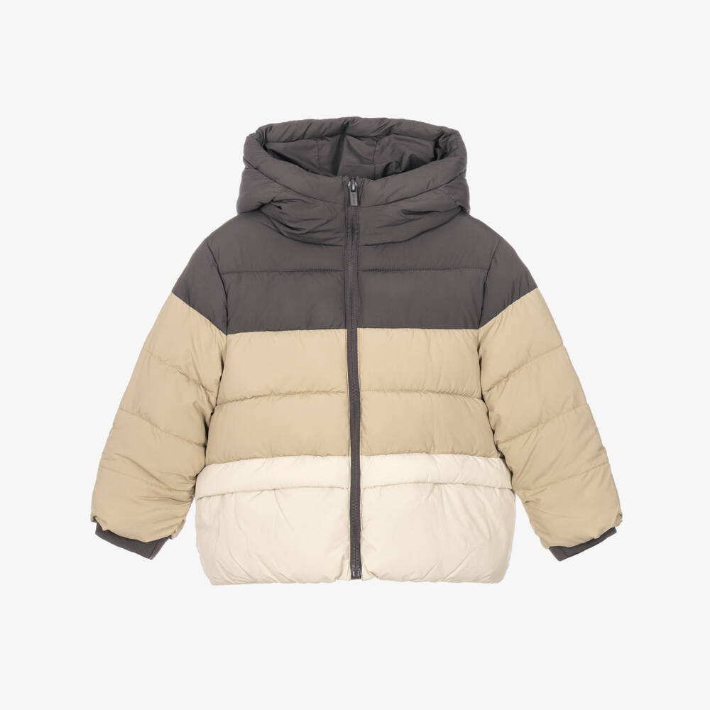 Mayoral-Boys Beige & Grey Hooded Puffer Jacket | Childrensalon