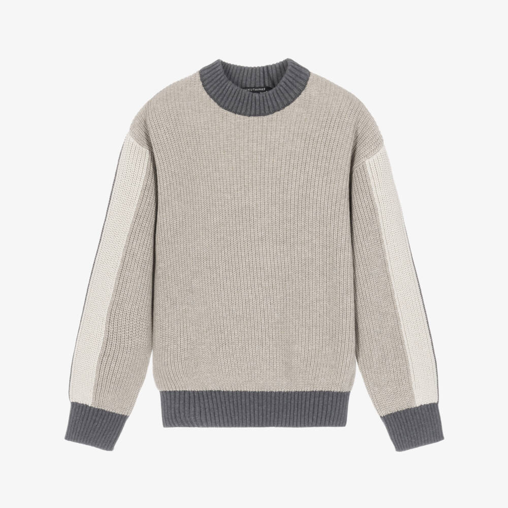 Mayoral Nukutavake-Boys Beige & Grey Ribbed Knit Sweater | Childrensalon