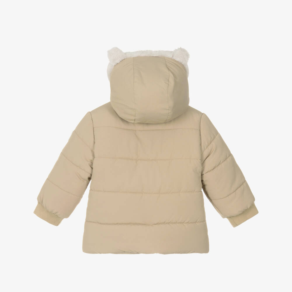 Mayoral-Boys Beige Hooded Puffer Coat with Faux Fur 3D Ears | Childrensalon