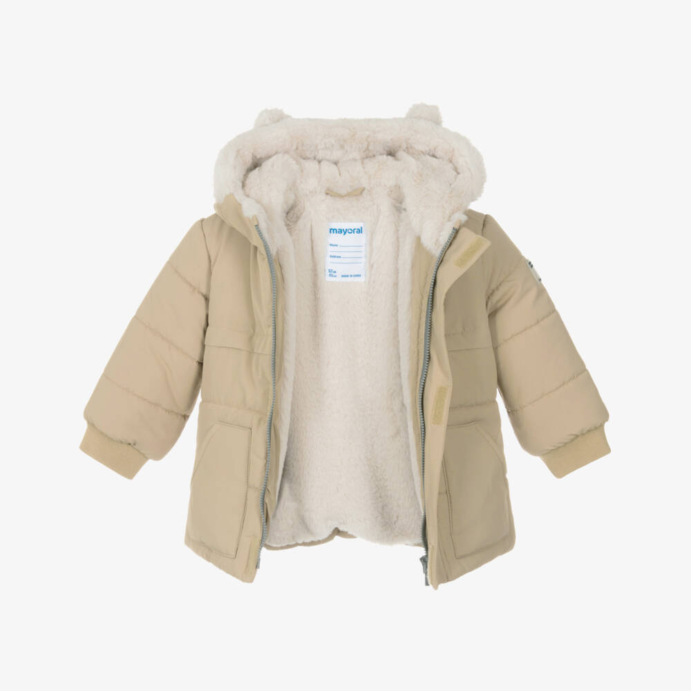 Mayoral-Boys Beige Hooded Puffer Coat with Faux Fur 3D Ears | Childrensalon