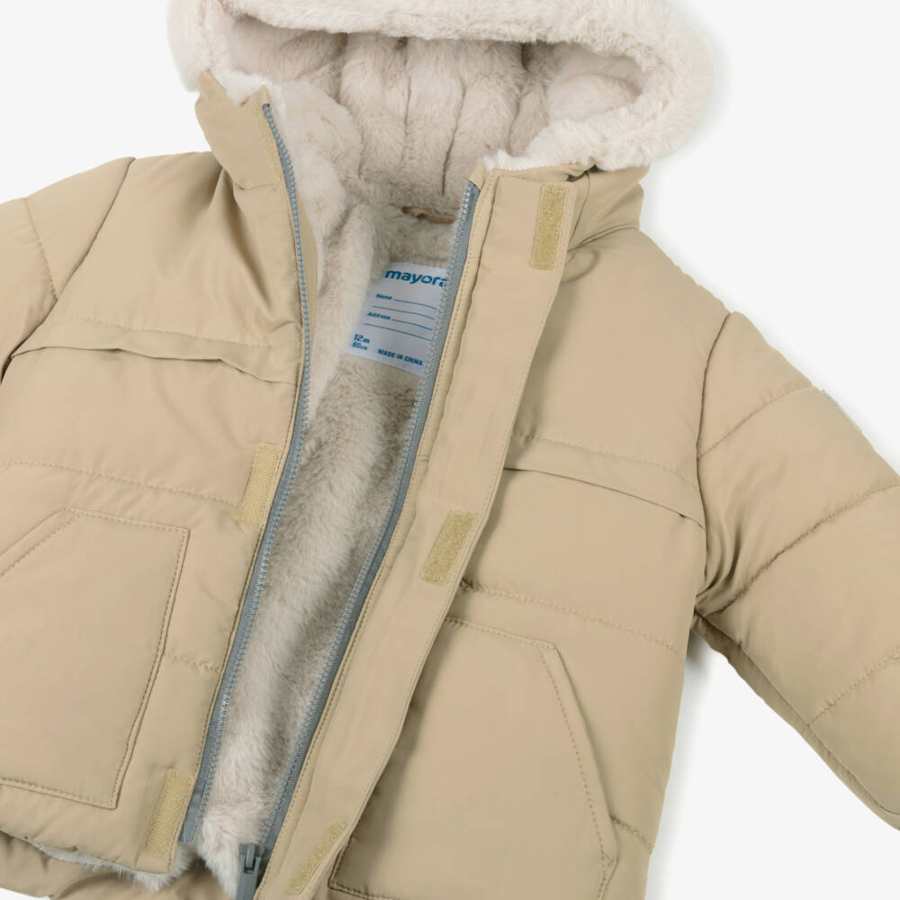 Mayoral-Boys Beige Hooded Puffer Coat with Faux Fur 3D Ears | Childrensalon
