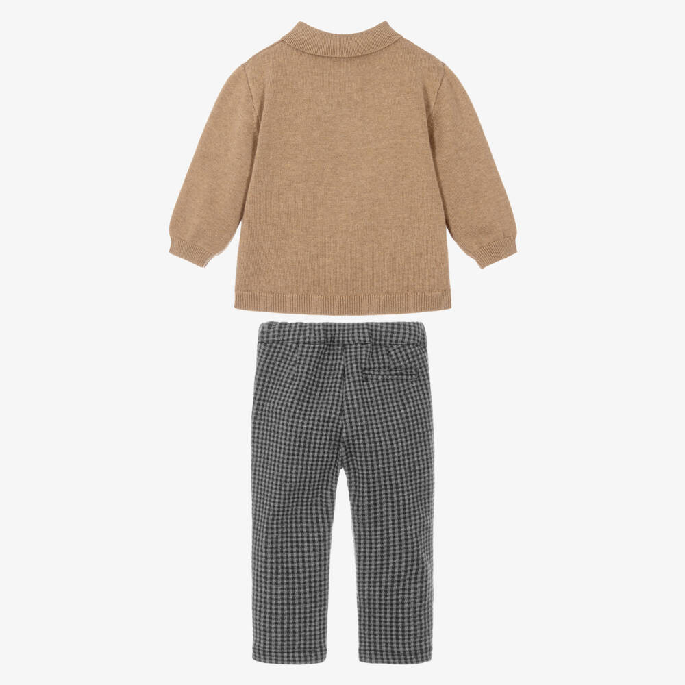 Mayoral-Boys Beige Knit & Grey Check Trouser Set | Childrensalon