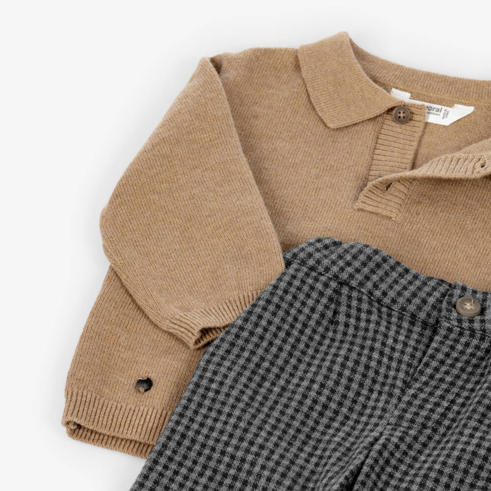 Mayoral-Boys Beige Knit & Grey Check Trouser Set | Childrensalon