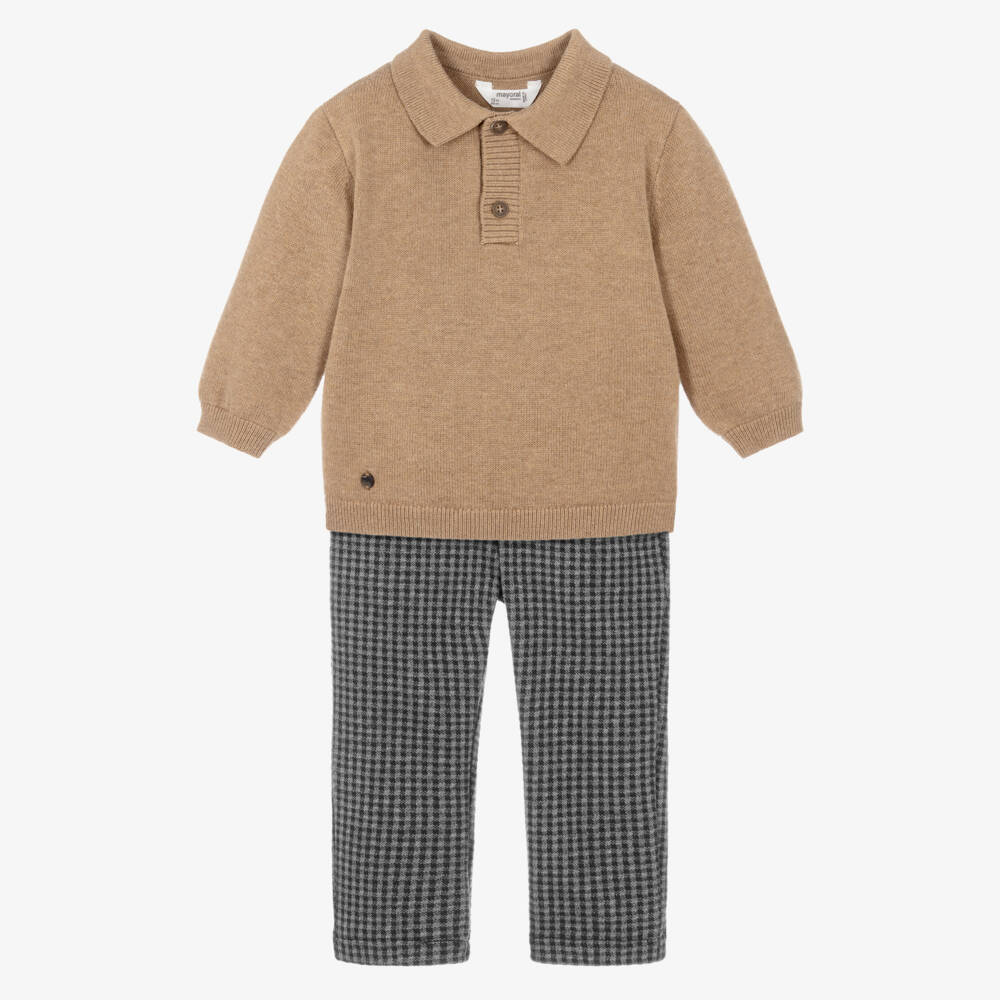 Mayoral-Boys Beige Knit & Grey Check Trouser Set | Childrensalon