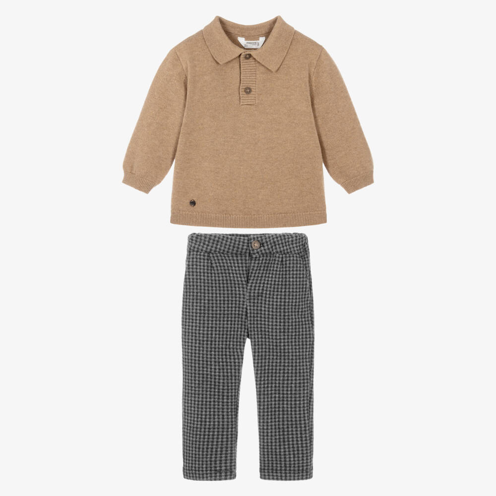 Mayoral-Boys Beige Knit & Grey Check Trouser Set | Childrensalon
