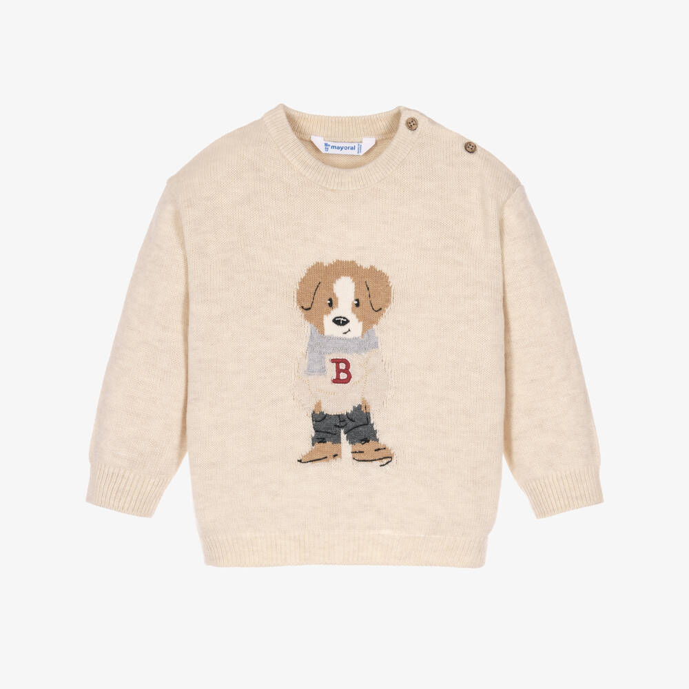 Mayoral-Boys Beige Knit Sweater with Dog Motif | Childrensalon