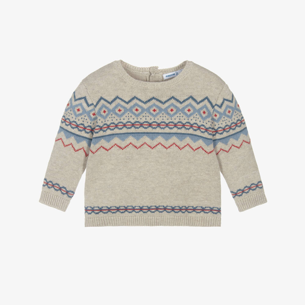 Mayoral-Boys Beige Knitted Jumper with Fair Isle Pattern | Childrensalon