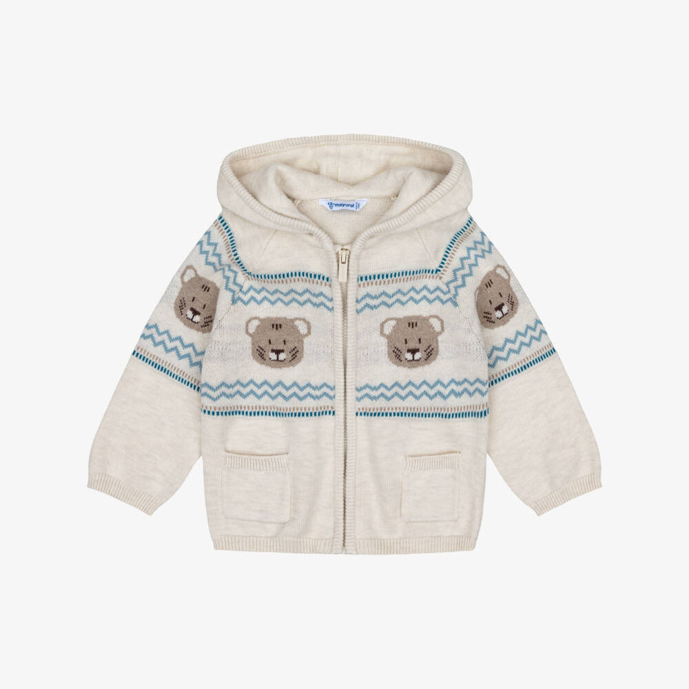 Mayoral-Boys Beige Knitted Zip-Up Hoodie with Tiger Motifs | Childrensalon