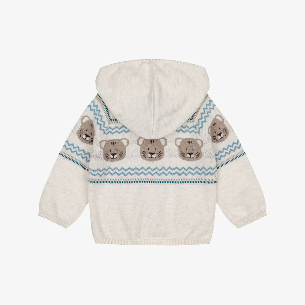 Mayoral-Boys Beige Knitted Zip-Up Hoodie with Tiger Motifs | Childrensalon