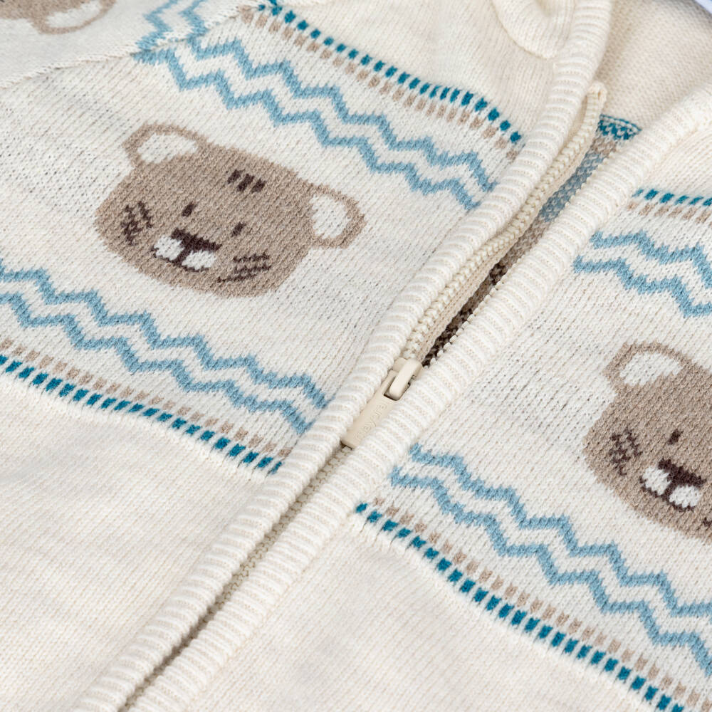 Mayoral-Boys Beige Knitted Zip-Up Hoodie with Tiger Motifs | Childrensalon