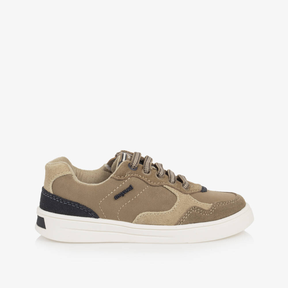 Mayoral-Boys Beige Leather Side Zip Trainers | Childrensalon