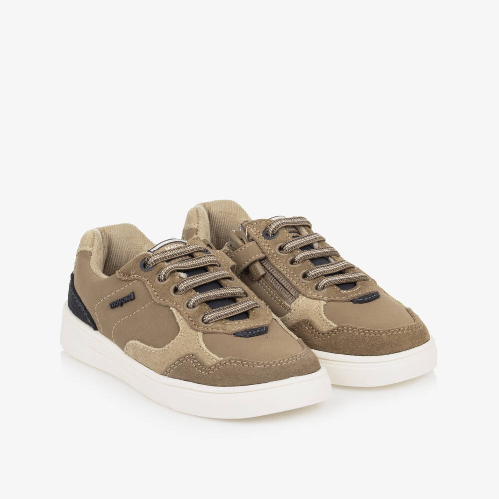 Mayoral-Boys Beige Leather Side Zip Trainers | Childrensalon