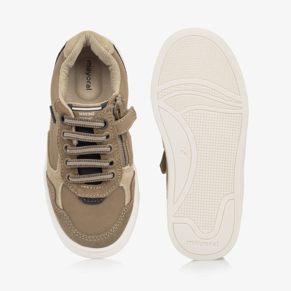 Mayoral-Boys Beige Leather Side Zip Trainers | Childrensalon