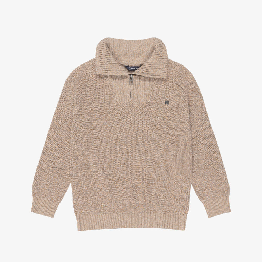 Mayoral-Boys Beige Marl Knitted Quarter-Zip Sweater | Childrensalon