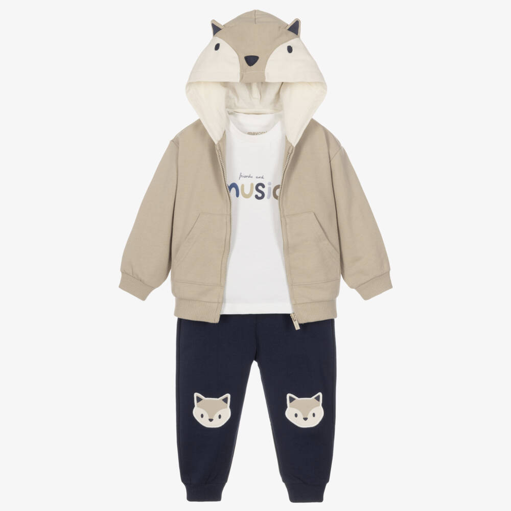 Mayoral-Boys Beige & Navy Blue Fox Tracksuit Set | Childrensalon