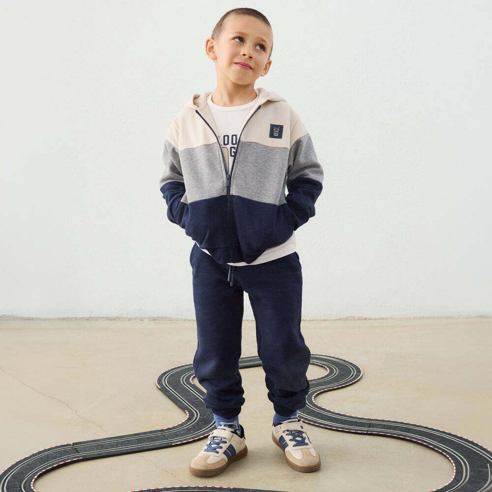 Mayoral-Boys Beige & Navy Blue Tracksuit Set with T-Shirt | Childrensalon
