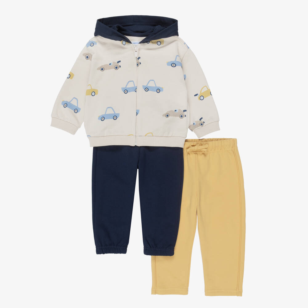 Mayoral-Boys Beige & Navy Hooded Tracksuit with Car Print | Childrensalon