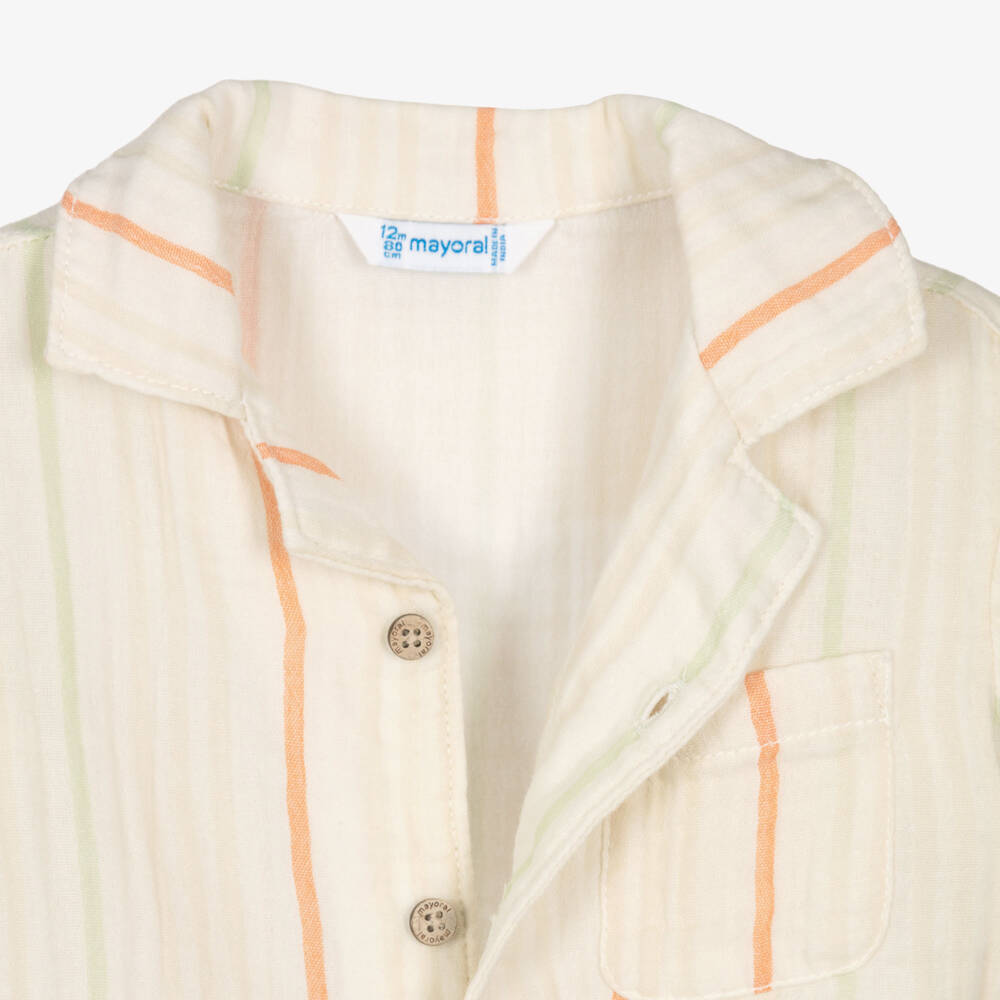 Mayoral-Boys Beige Striped Cotton Muslin Shirt | Childrensalon