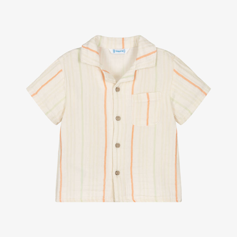 Mayoral-Рубашка бежевая в полоску из хлопкового муслина для мальчиков | Childrensalon
