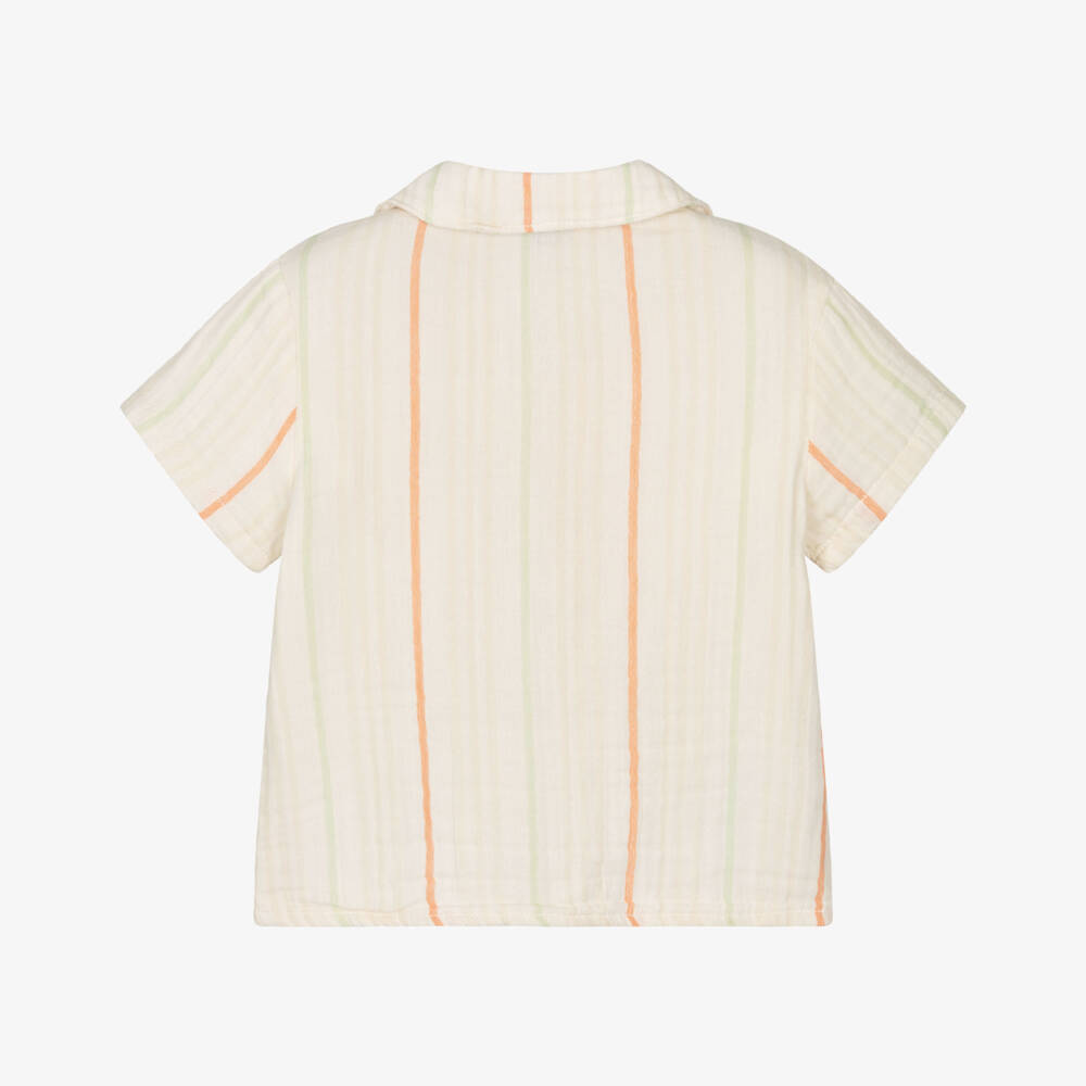 Mayoral-Boys Beige Striped Cotton Muslin Shirt | Childrensalon