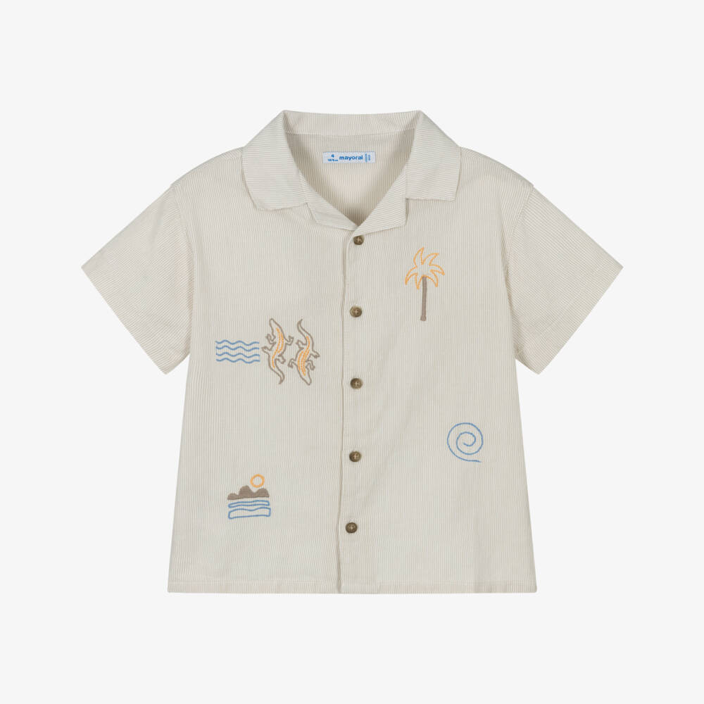 Mayoral-Рубашка бежевая в полоску из хлопка для мальчиков   | Childrensalon