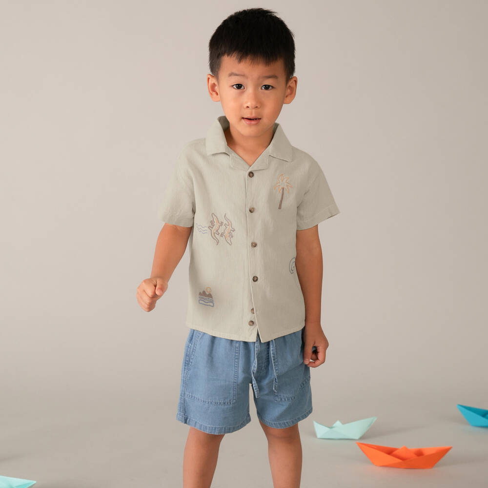 Mayoral-Boys Beige Striped Cotton Shirt | Childrensalon