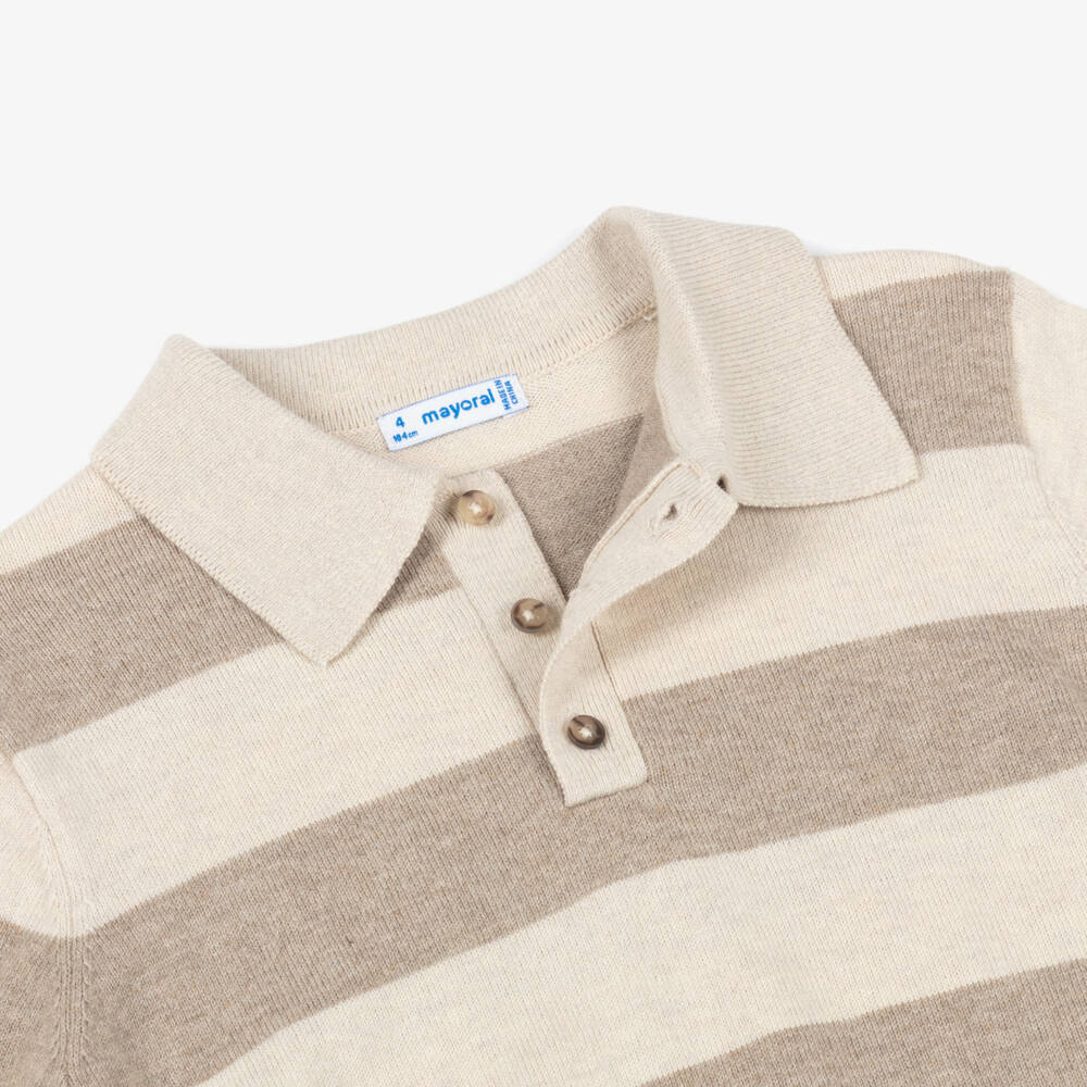 Mayoral-Boys Beige Striped Cotton & Wool Knitted Polo Shirt | Childrensalon