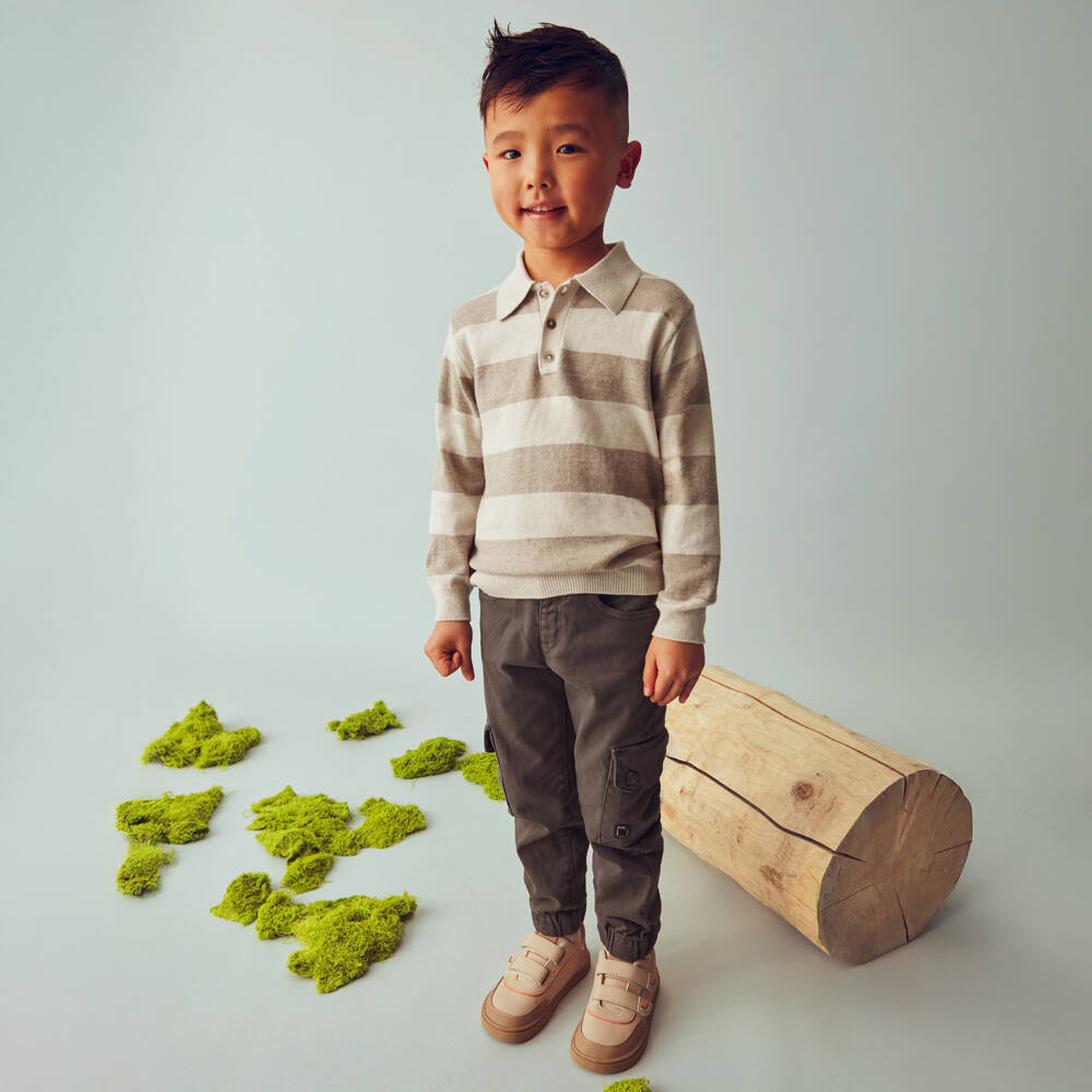 Mayoral-Boys Beige Striped Cotton & Wool Knitted Polo Shirt | Childrensalon