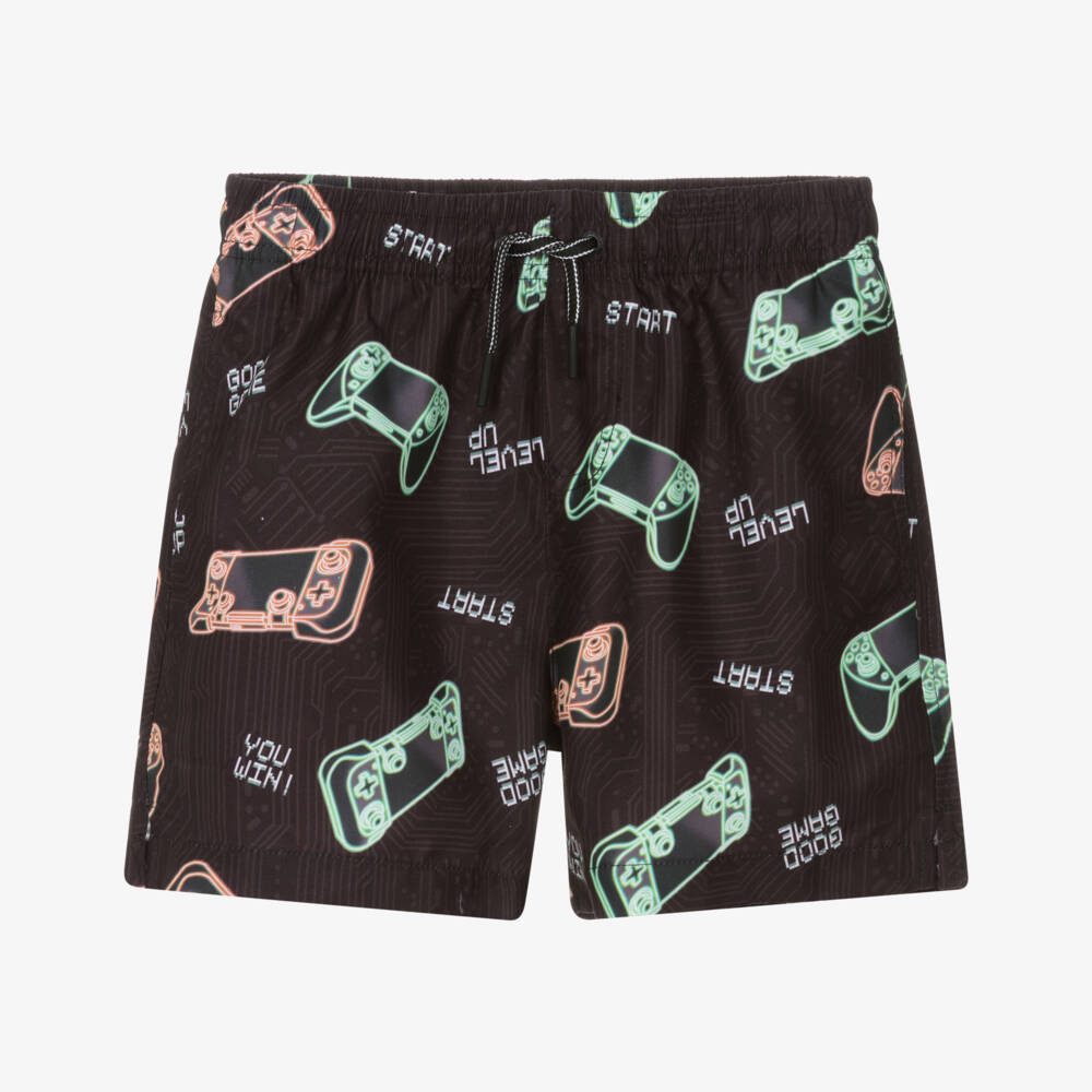 Mayoral Nukutavake-Boys Black Gaming Consul Print Swim Shorts | Childrensalon