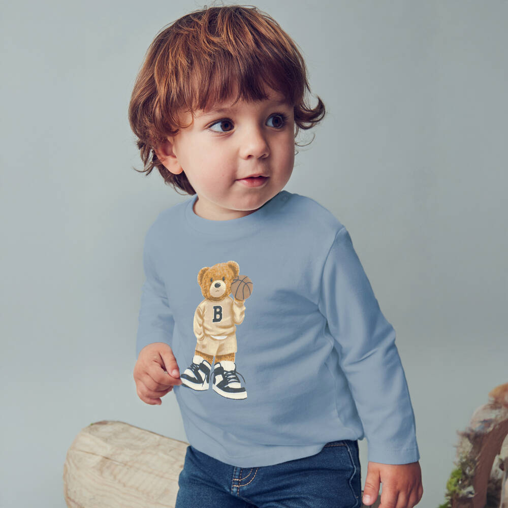 Mayoral-Boys Blue Basketball Bear Print Cotton Top | Childrensalon