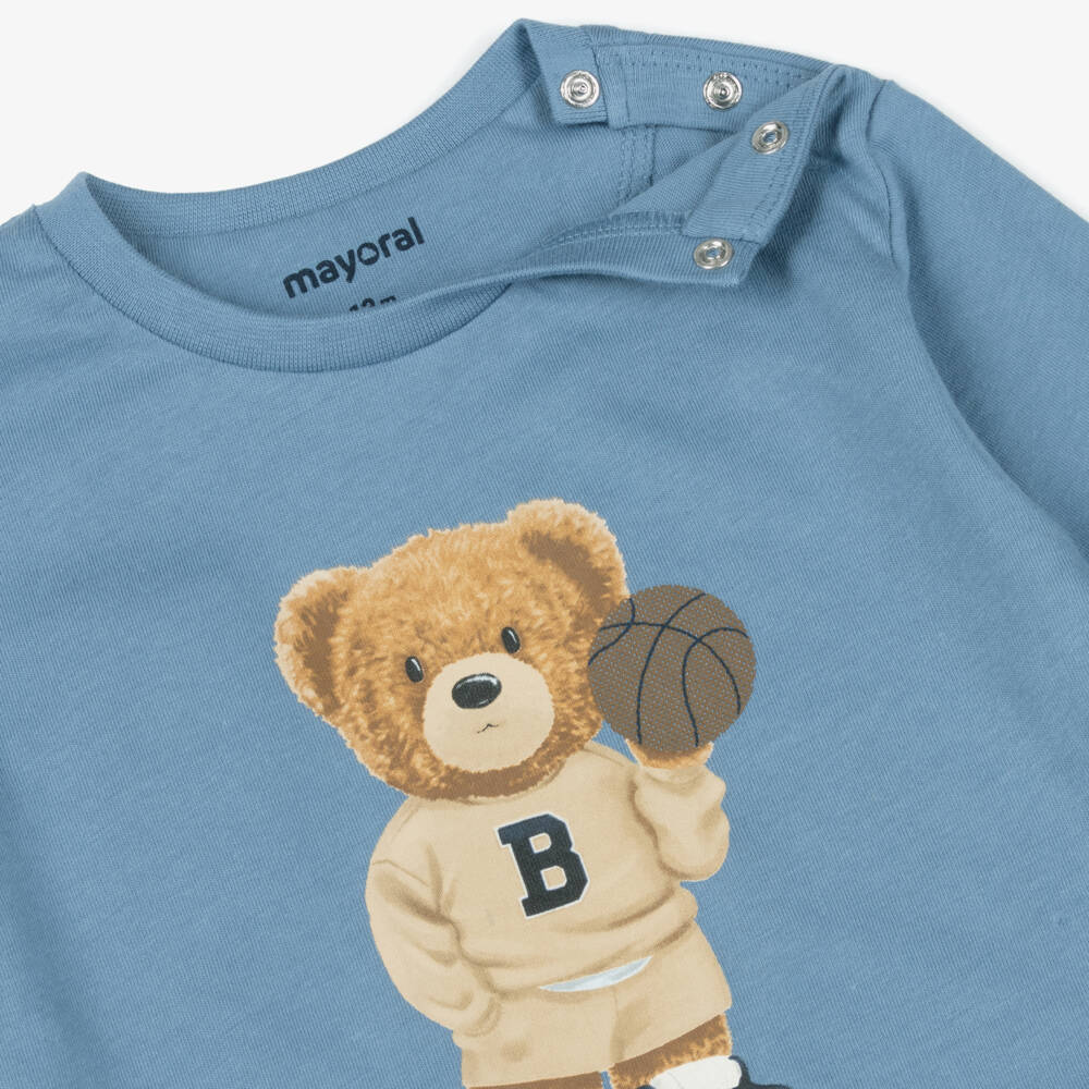 Mayoral-Boys Blue Basketball Bear Print Cotton Top | Childrensalon