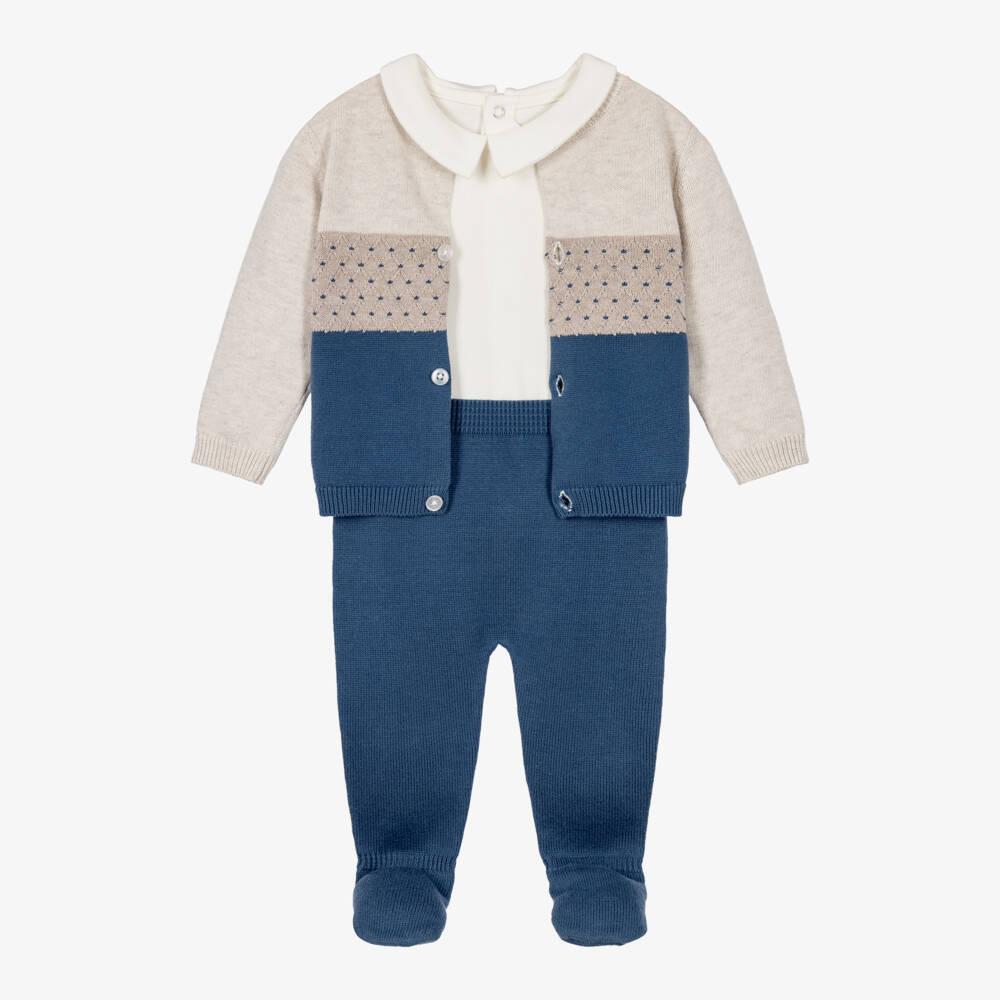 Mayoral Newborn-Boys Blue & Beige Knitted Babysuit Set | Childrensalon