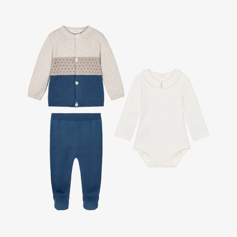 Mayoral Newborn-Boys Blue & Beige Knitted Babysuit Set | Childrensalon