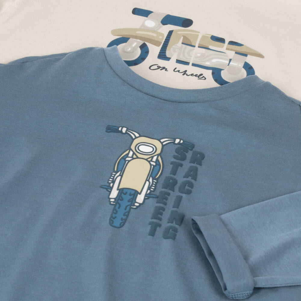 Mayoral-Boys Blue & Beige Motorcycle Tops in Cotton (2 Pack) | Childrensalon