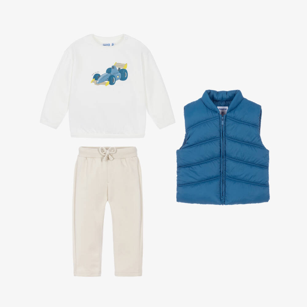 Mayoral-Boys Blue & Beige Race Car Trouser Set with Gilet | Childrensalon