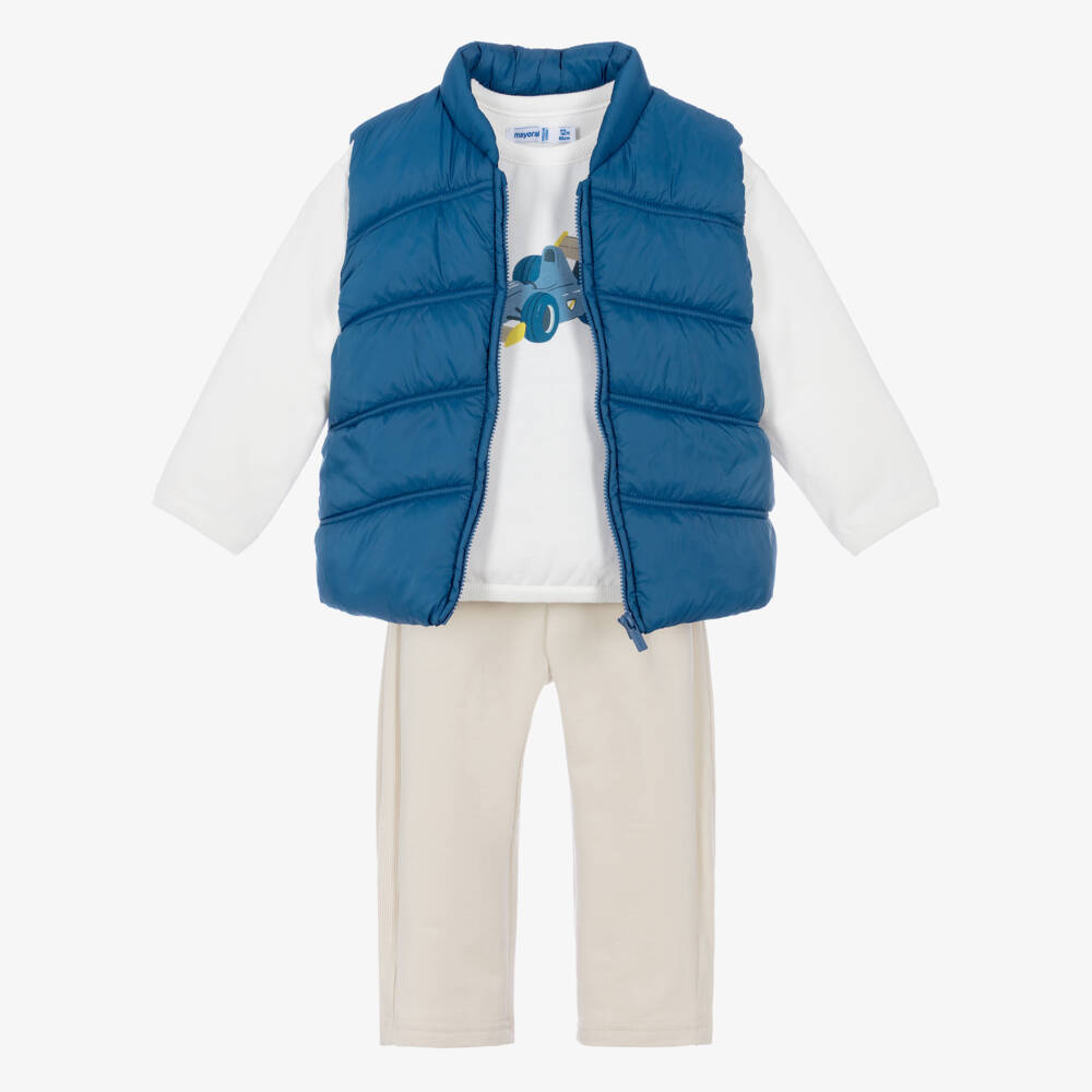 Mayoral-Boys Blue & Beige Race Car Trouser Set with Gilet | Childrensalon