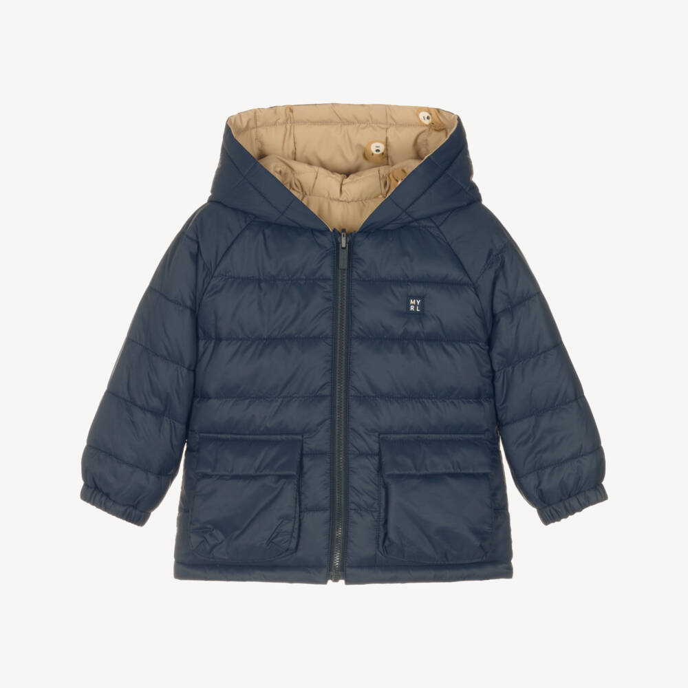 Mayoral-Boys Blue & Beige Reversible Hooded Jacket with Teddy Bears | Childrensalon