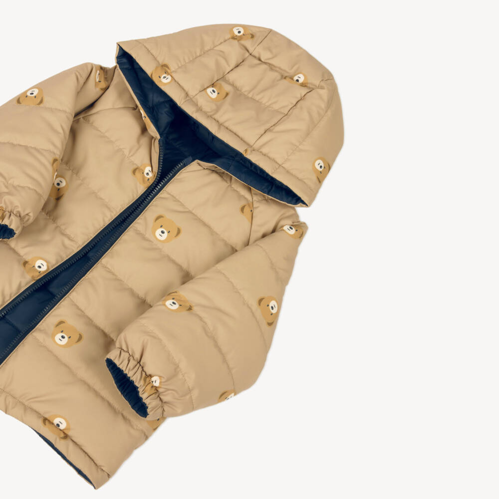 Mayoral-Boys Blue & Beige Reversible Hooded Jacket with Teddy Bears | Childrensalon