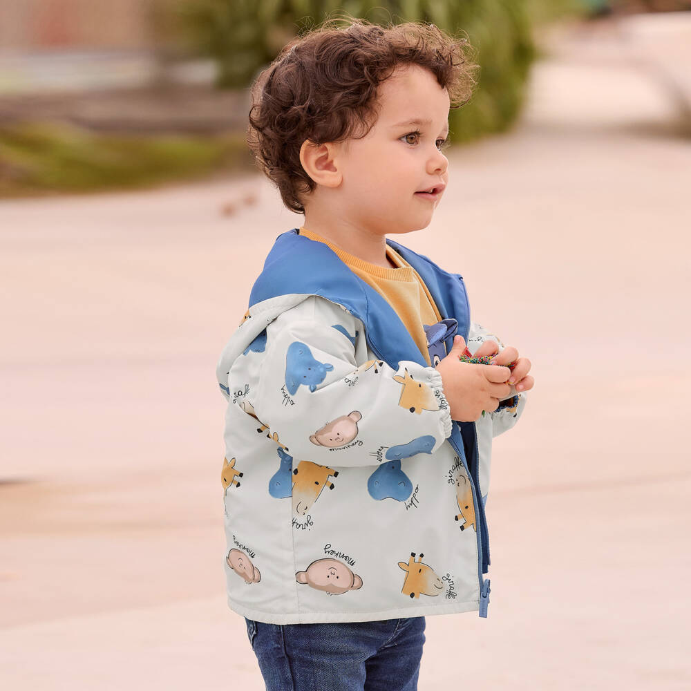 Mayoral-Boys Blue & Beige Reversible Waterproof Hooded Jacket | Childrensalon