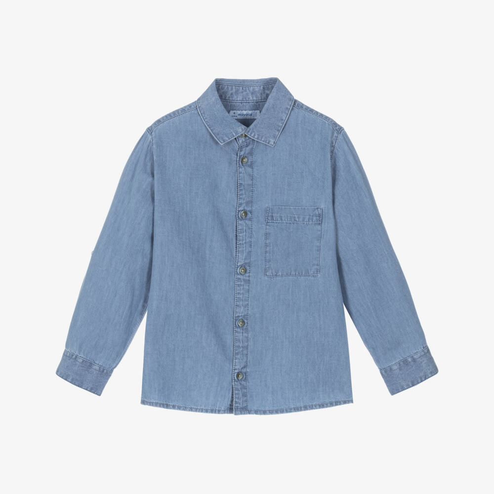 Mayoral-Boys Blue Chambray Shirt with Chest Pocket | Childrensalon