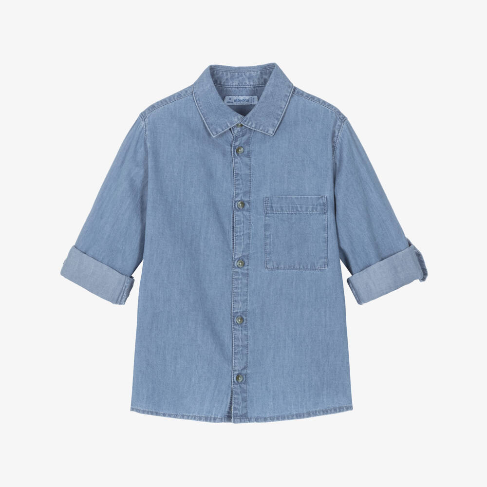 Mayoral-Boys Blue Chambray Shirt with Chest Pocket | Childrensalon