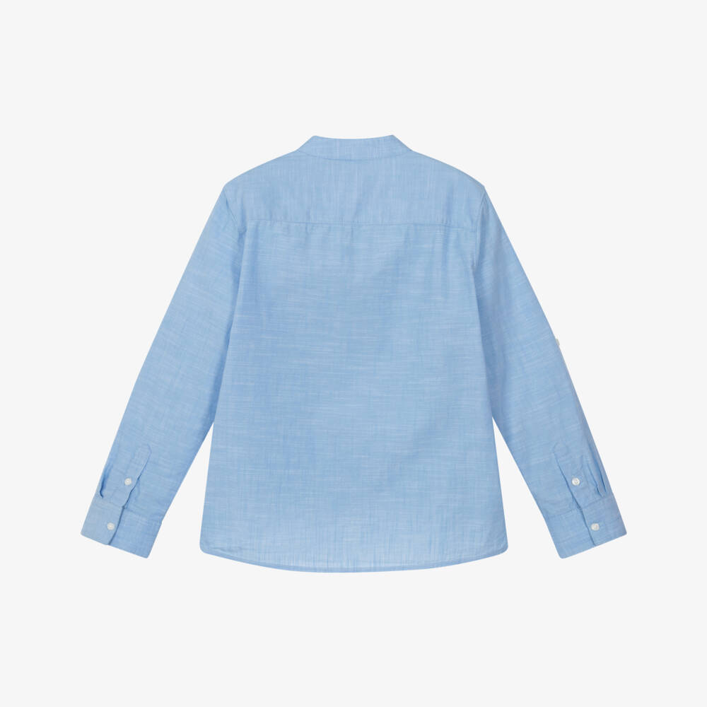 Mayoral Nukutavake - Boys Blue Collarless Cotton Shirt | Childrensalon
