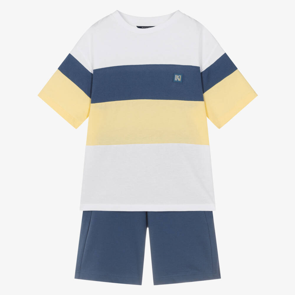 Mayoral Нукутаваке-Boys Blue Colourblock Cotton Jersey Shorts Set | Childrensalon